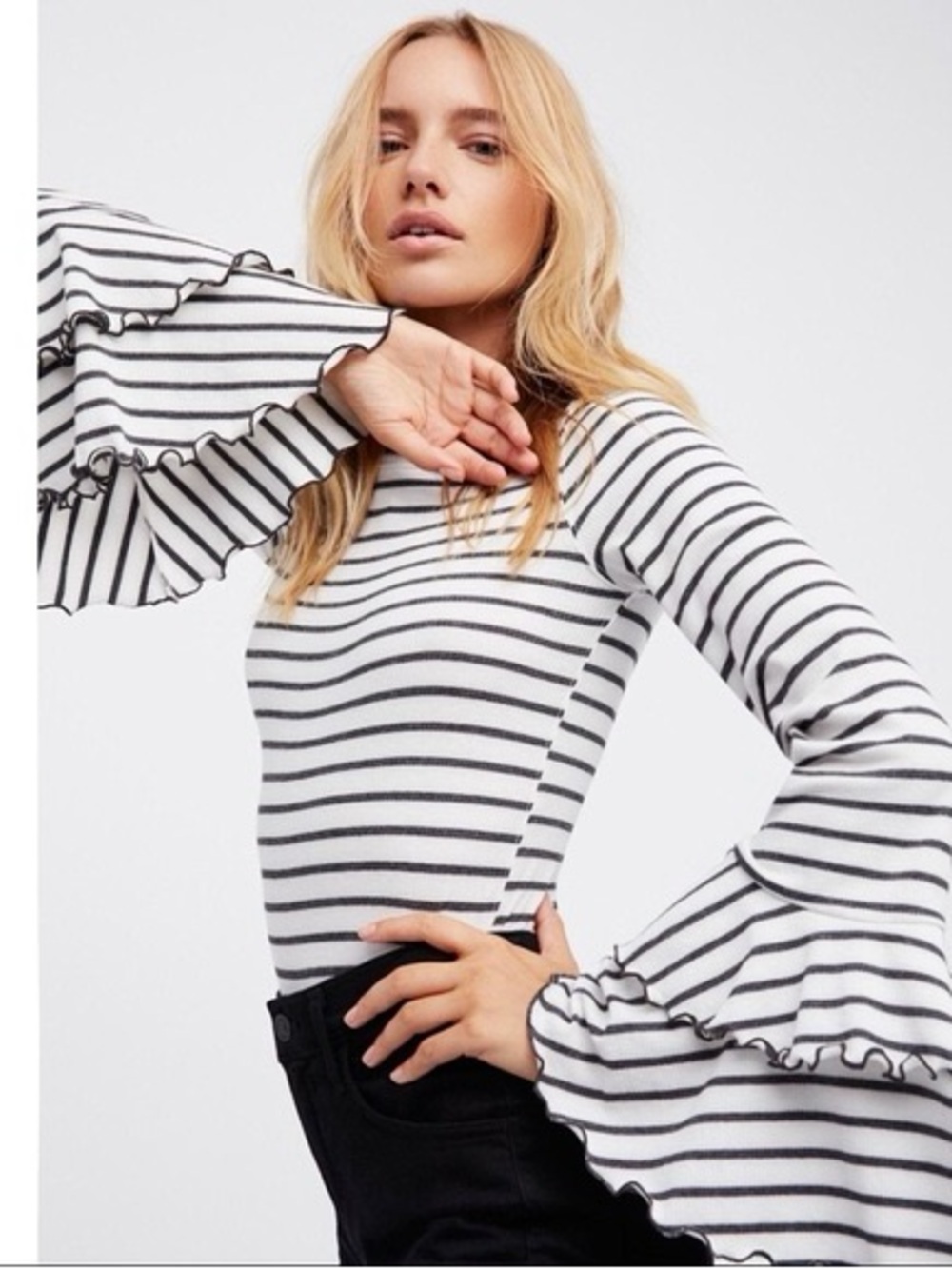 Free People Good Find Grey Striped Long Sleeve size L we the free bell sleeve
